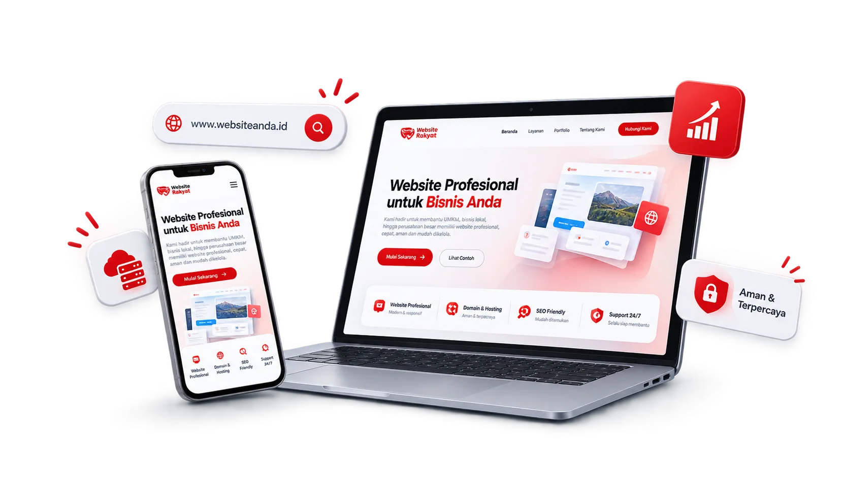 Contoh website profesional buatan Website Rakyat di laptop dan ponsel